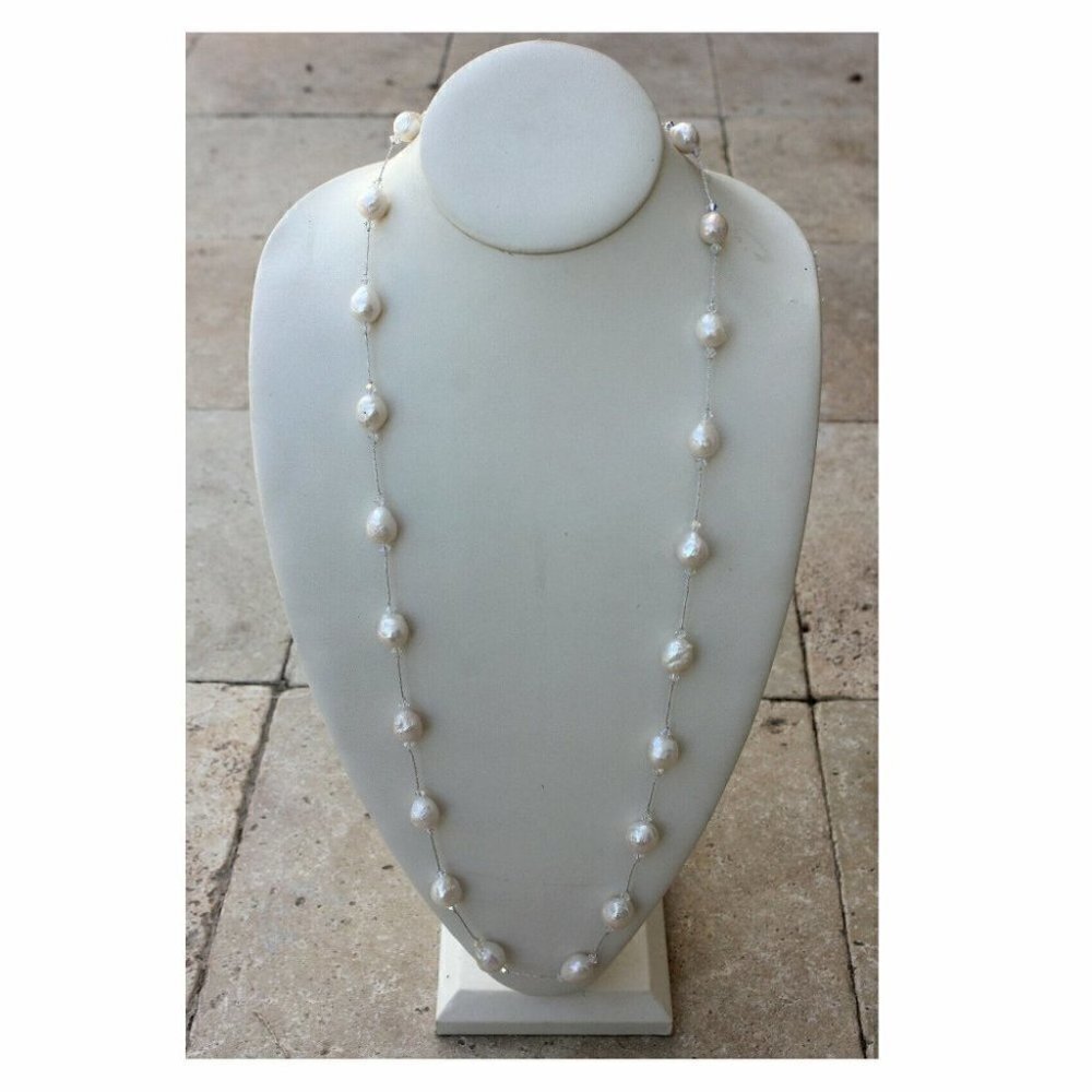 34" Long Strand Pearl Aurora Borealis Crystal Bead Sterling Silver Necklace